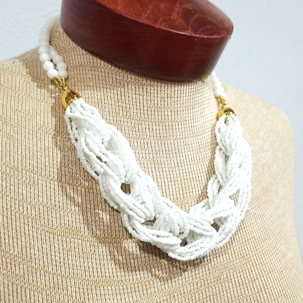 Talbots White Seed Bead Woven Necklace Sphere Beads Goldtone Adjustable …